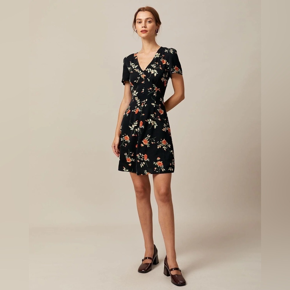 RIHOAS The Black V Neck Floral Button Up Mini Dress M